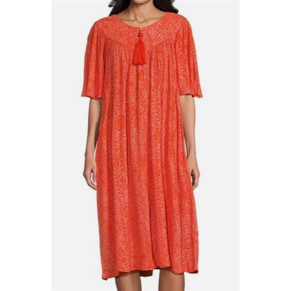 NWT Go Softly 2XL Patio Dress Kaftan Orange V-Neck Zip Crinkle 124614